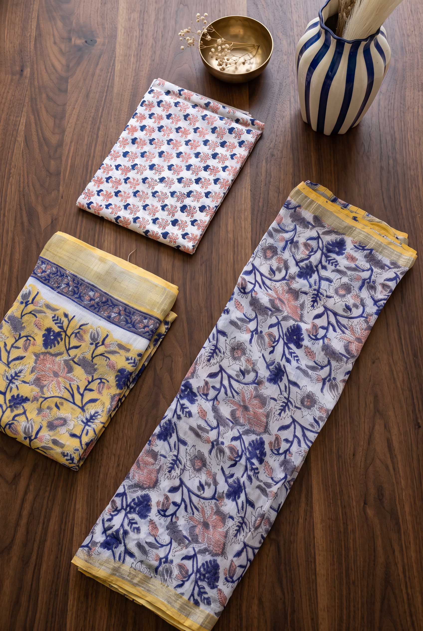YELLOW WITH PEACH AND BLUE FLOWERS