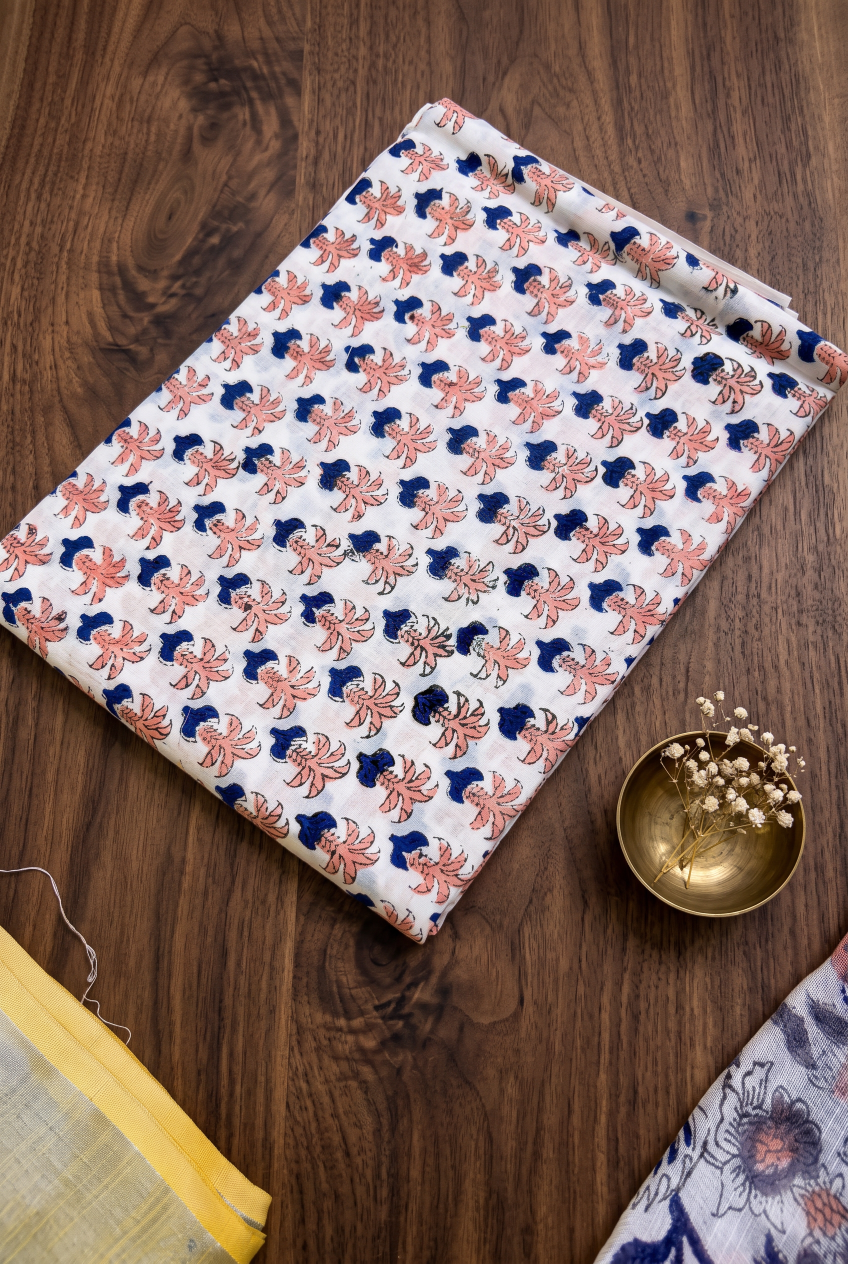 YELLOW WITH PEACH AND BLUE FLOWERS